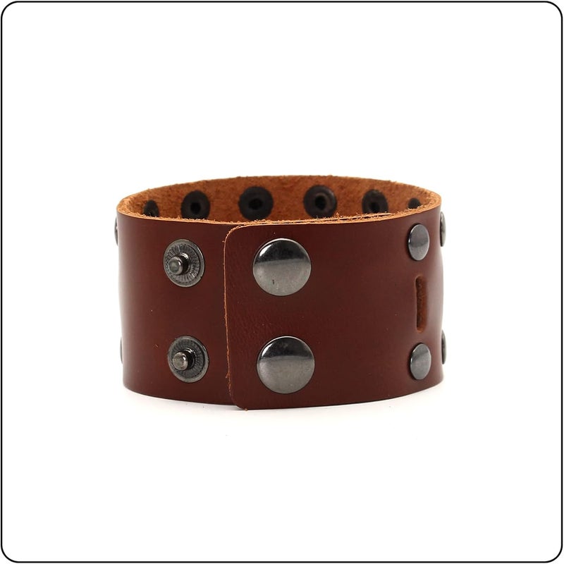 Fusamk Punk Rock Double Row Rivets Wristband Hollow Wide Leather Cuff Bracelet - Image 3